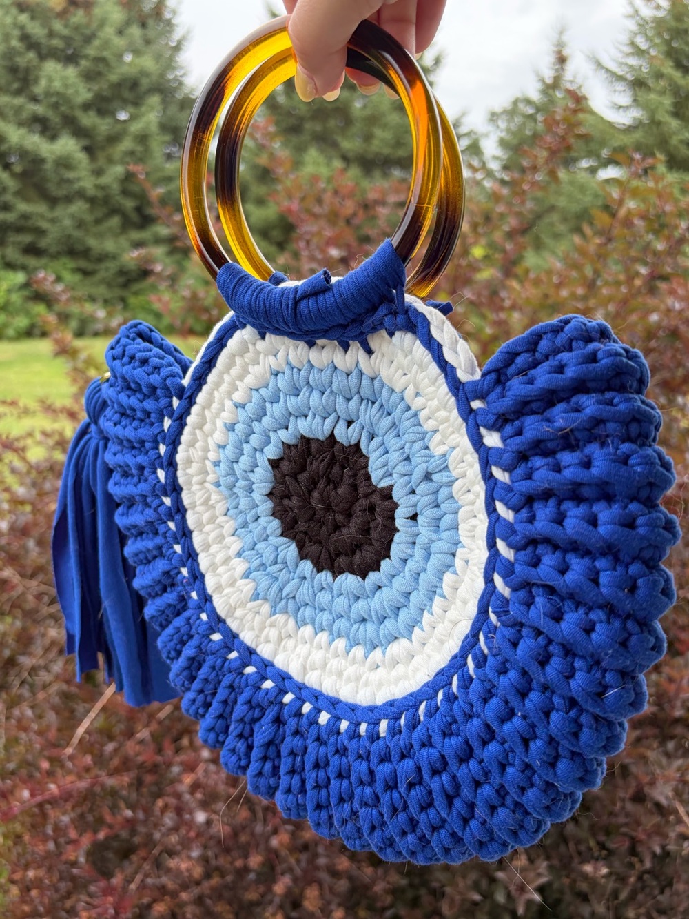 Evil eye crochet knit circular bag purse handmade circular handle